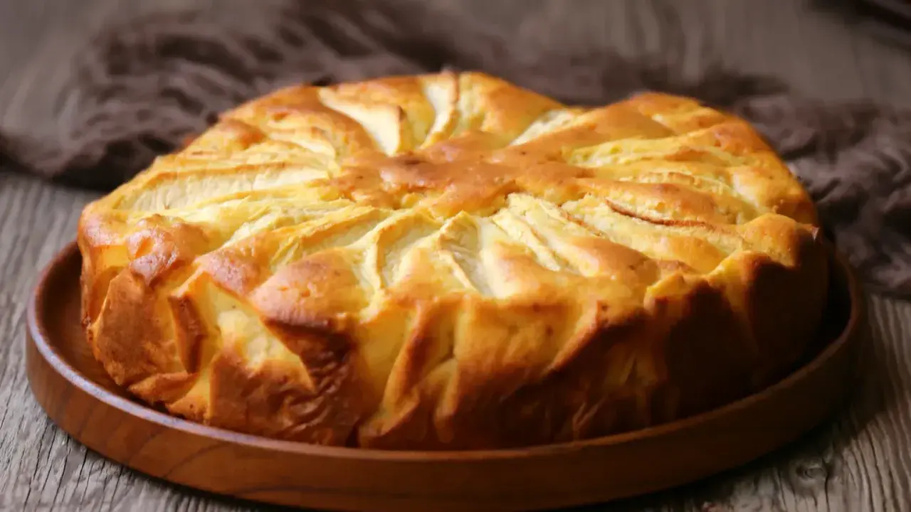Una deliziosa torta di mele dorata, con le mele disposte a raggiera sulla superficie, pronta per essere gustata.