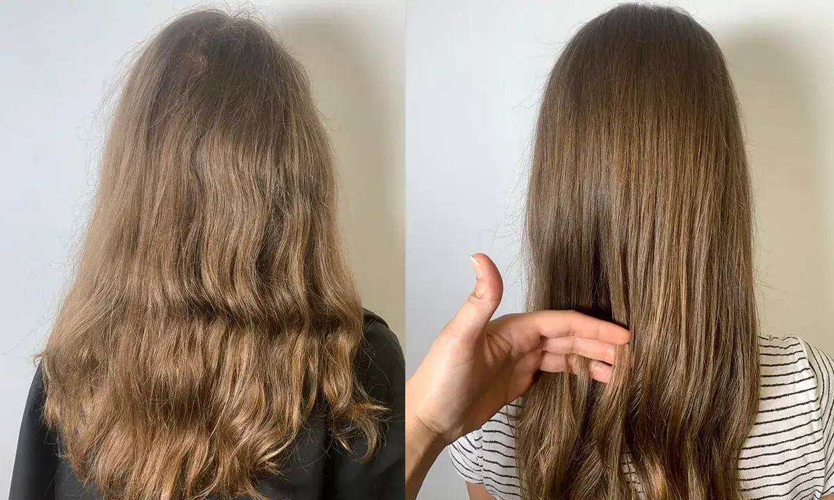 Vorher/Nachher-Vergleich: krauses Haar wird glatt und glänzend durch die Keratin-Wirkung.