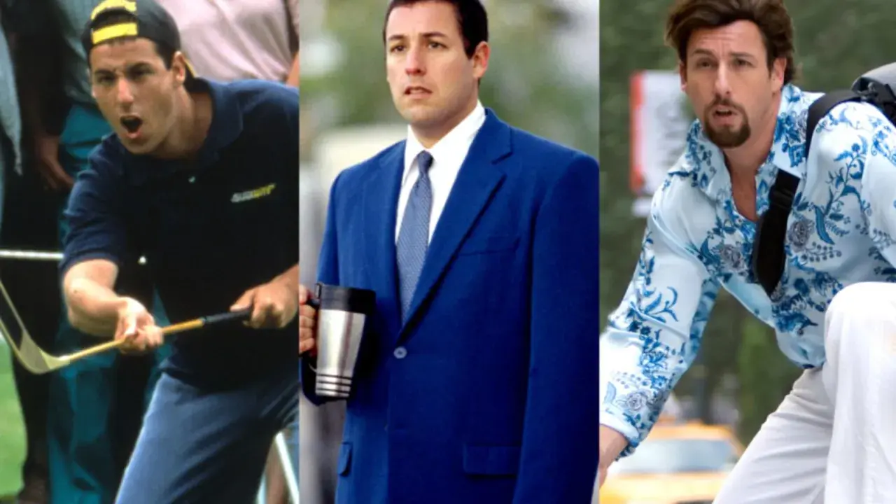Adam Sandler i tre olika roller från sina filmer. En som golfare, en i kostym och en i en blommig skjorta.