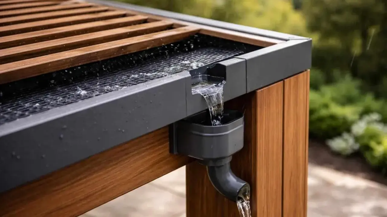 Système d'évacuation eau de pluie pergola en action, l'eau ruisselle sur le toit en bois et métal vers la gouttière.