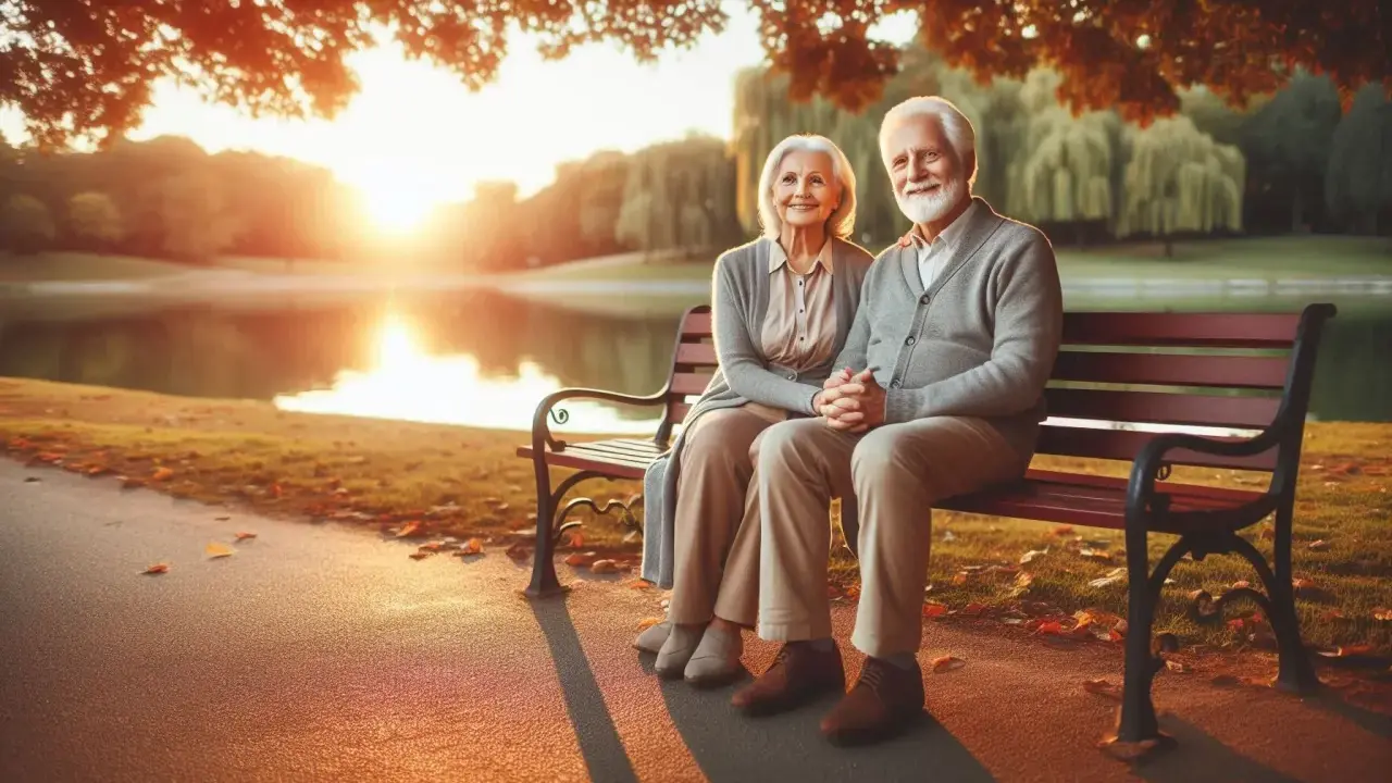 Pareja mayor sonríe sentada en un banco junto a un lago al atardecer, disfrutando de la tranquilidad que les brinda su paga vitalicia.