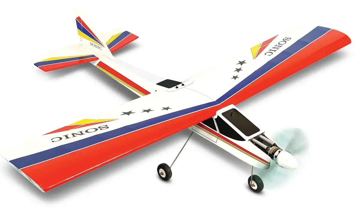 Ein farbenfrohes phönix modellbau Flugzeug mit roten, blauen und weißen Streifen sowie Sternen.