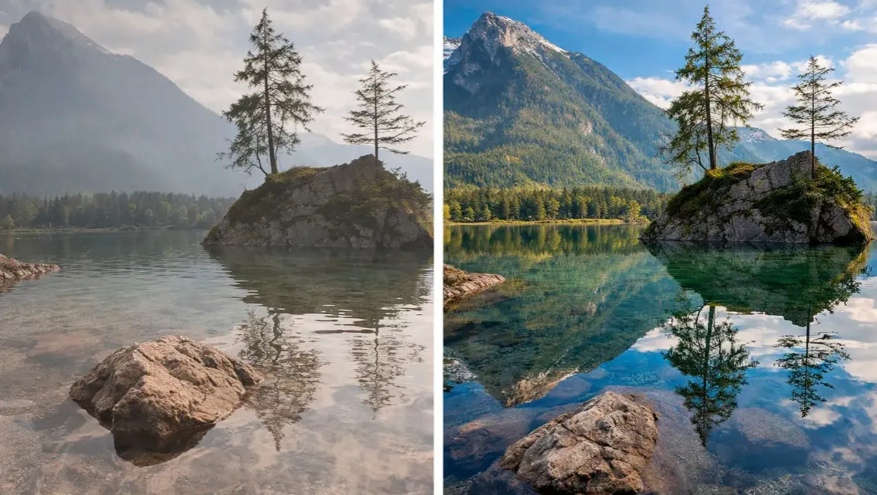 Comparativa de paisaje: sin polarizador, el agua se ve opaca; con filtro CPL, el agua es cristalina y los colores vibrantes.