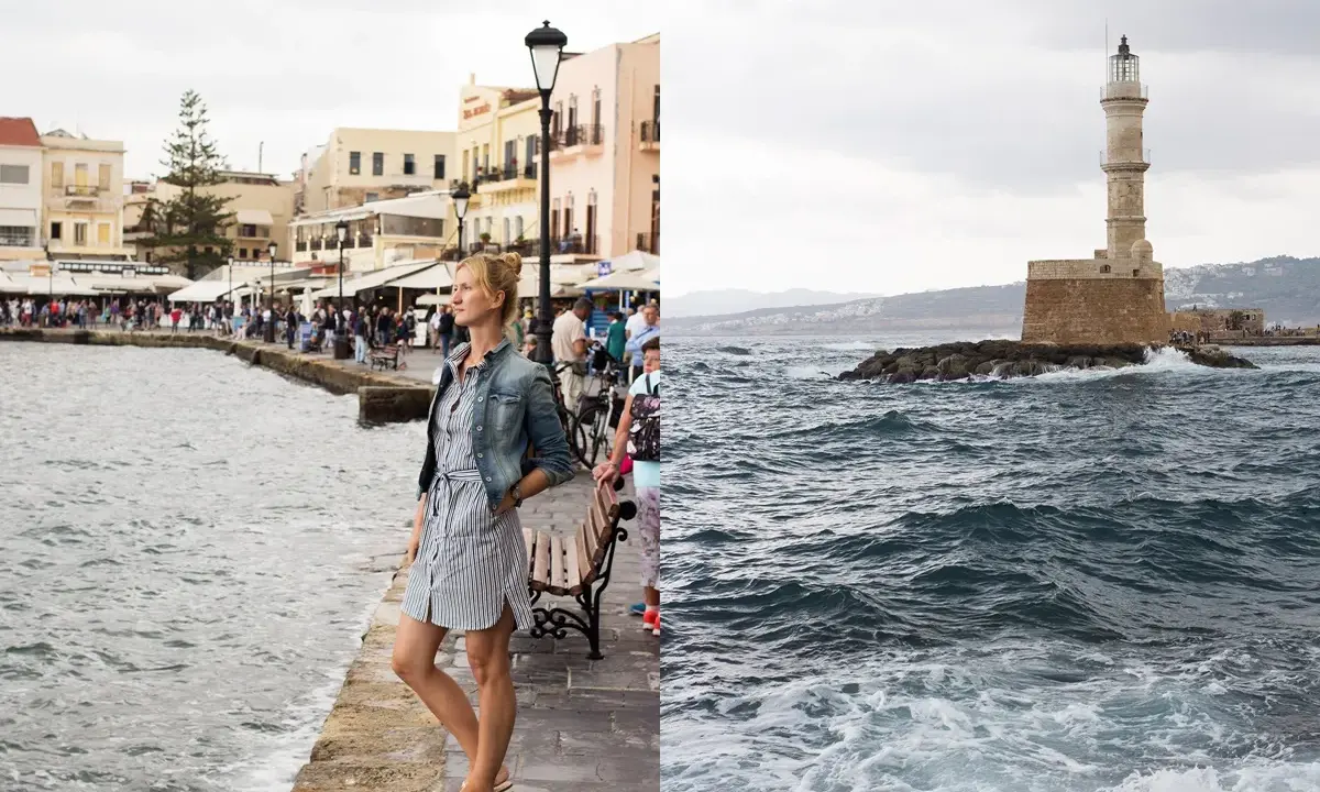 Kobieta spaceruje po promenadzie na Krecie. Październikowa pogoda, lekko zachmurzone niebo, morze faluje. W oddali widać latarnię morską.