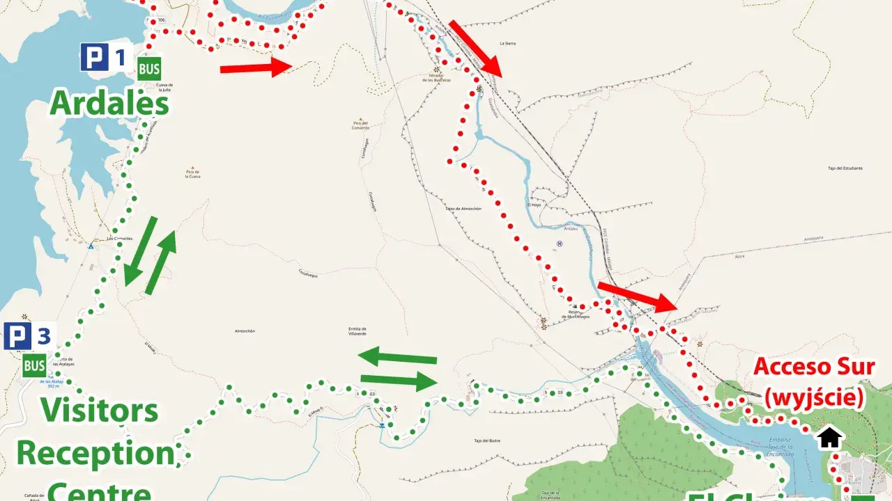 Mapa szlaku Caminito del Rey z zaznaczonymi parkingami, wejściami i drogą.