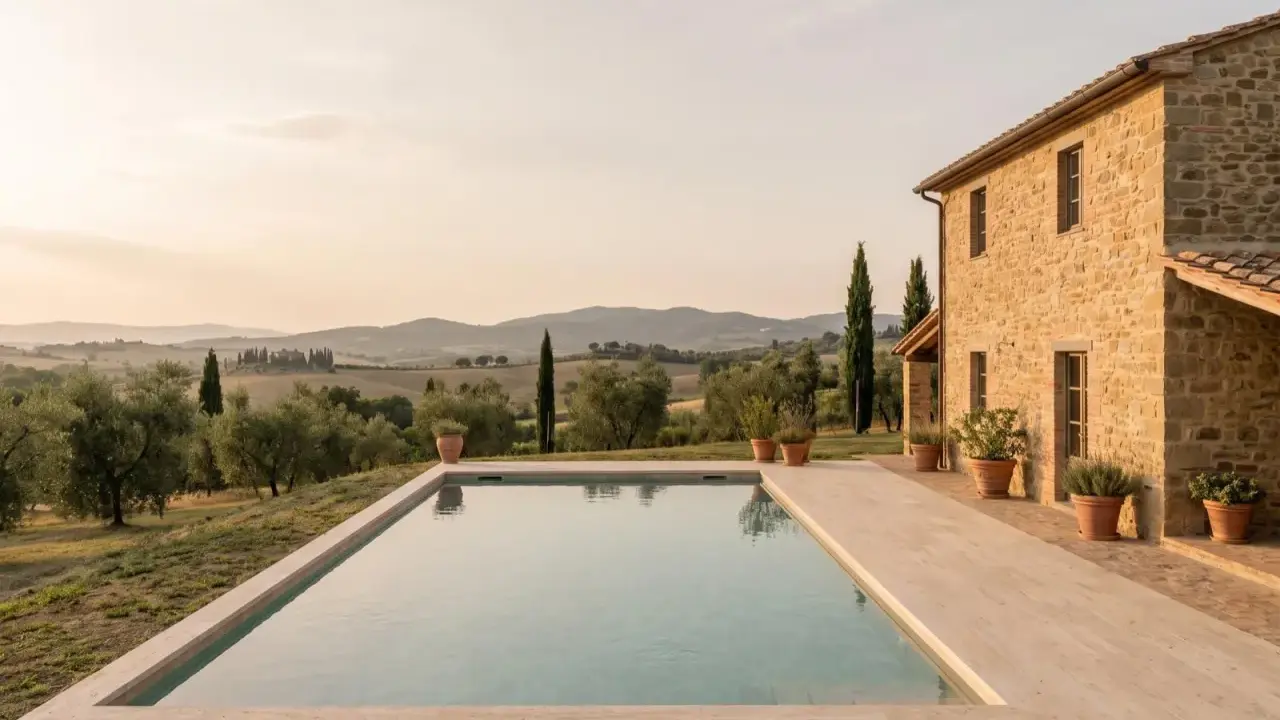Piscina con vista sulle dolci colline pisane al tramonto. Una casa in pietra e ulivi completano il paesaggio idilliaco.