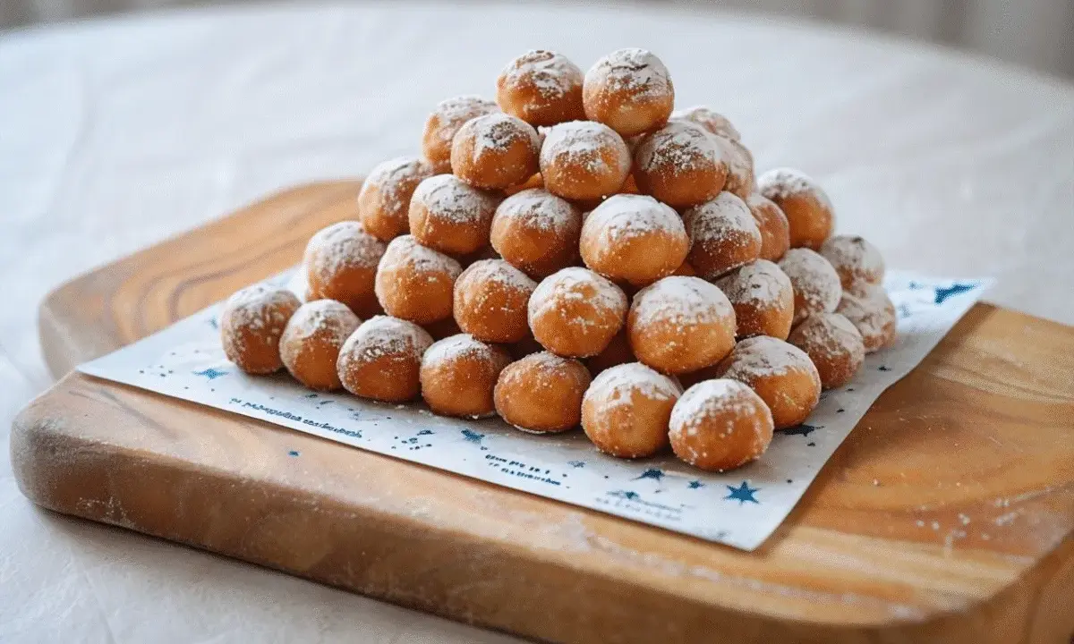 Montón de buñuelos caseros sencillos espolvoreados con azúcar glas sobre una tabla de madera.