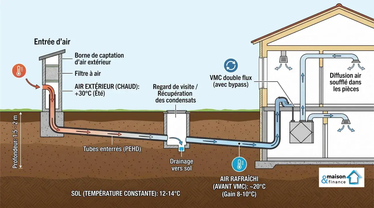 Schéma d'un puits canadien : l'air extérieur est préchauffé ou pré-refroidi par le sol avant d'entrer dans la maison. Avantages et inconvénients à considérer.