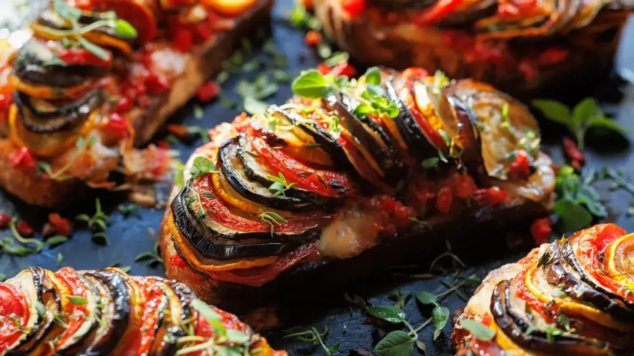 Un délicieux tian de légumes, aux fines tranches d'aubergine, courgette et tomate, garni d'herbes fraîches.