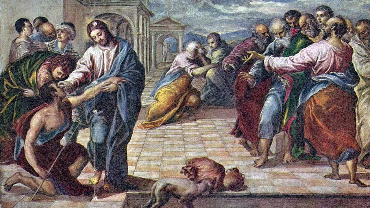 Jezus dotyka twarzy trędowatego, dokonując uzdrowienia. Wokół zgromadził się tłum ludzi, niektórzy z niedowierzaniem, inni z nadzieją.