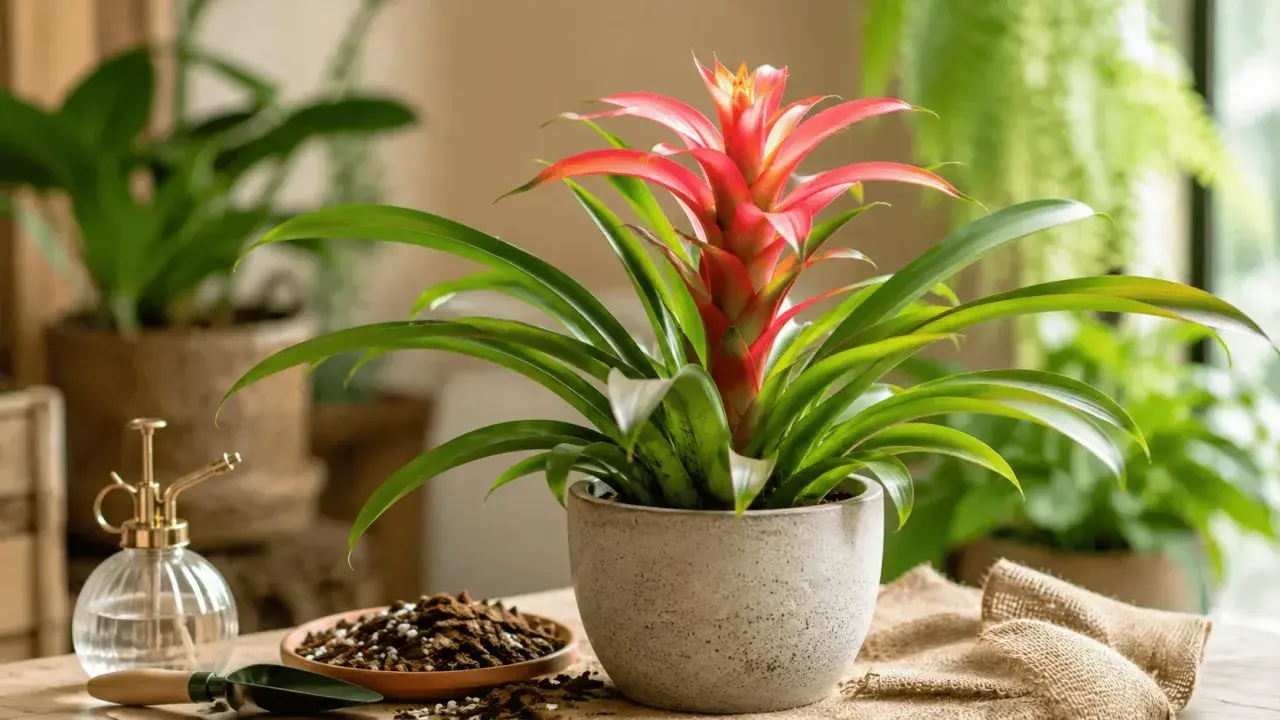 Bromelia en maceta con flores rojas vibrantes. A su lado, una regadera dorada y tierra, sugiriendo cuidados para esta planta exótica.
