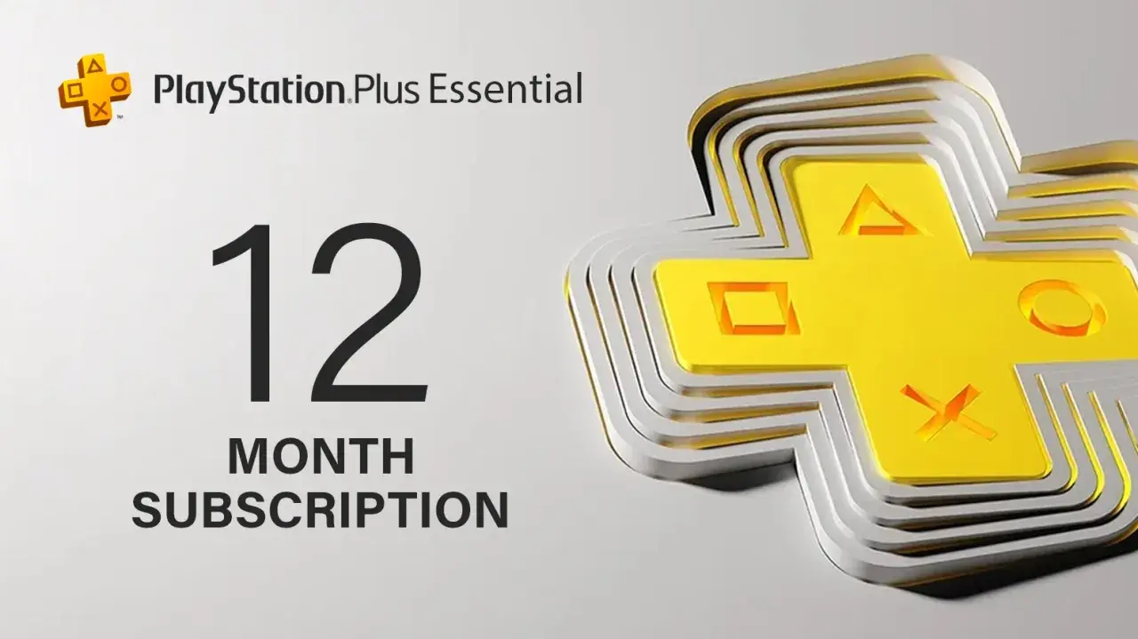 PlayStation Plus Essential: 12-miesięczna subskrypcja z dostępem do gier. Ikona PS Plus i przyciski kontrolera.