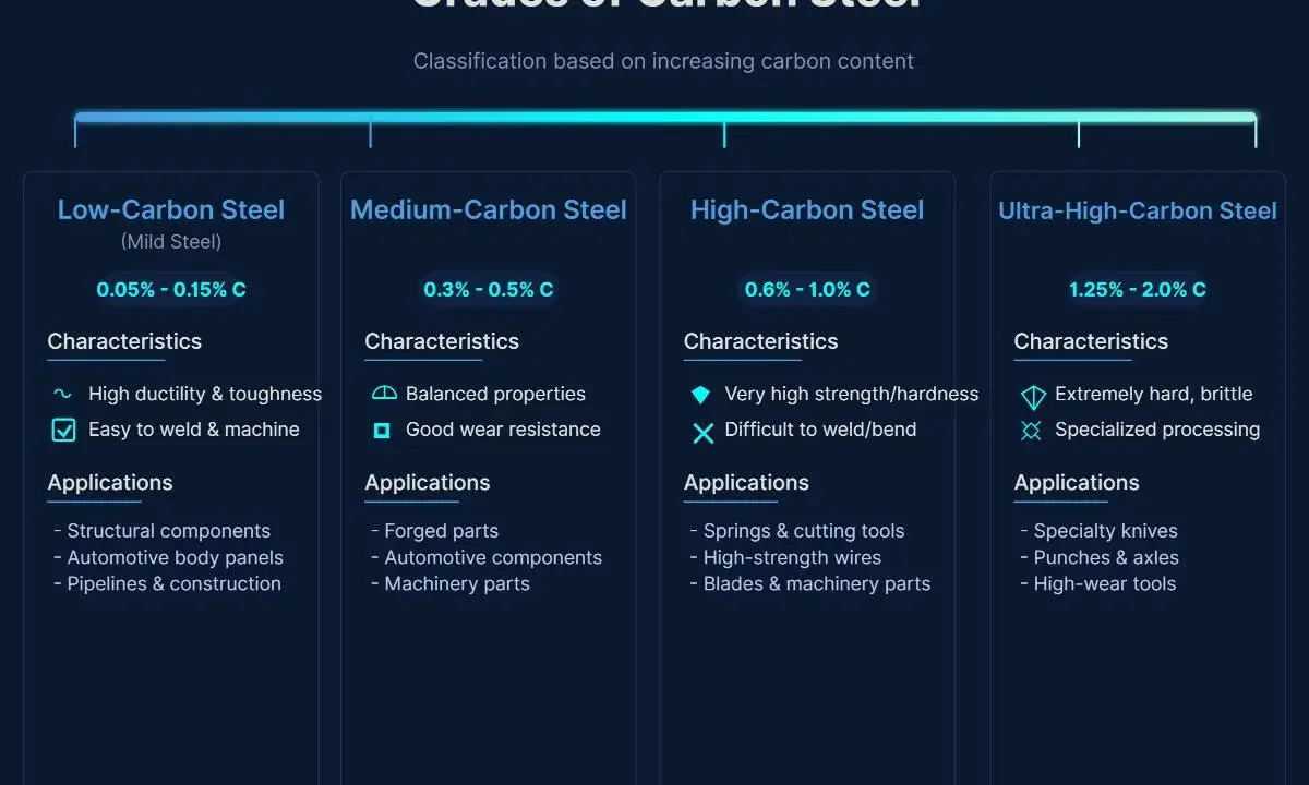 Classificazione dei gradi di carbon steel: da basso a ultra-alto tenore di carbonio, con caratteristiche e applicazioni.
