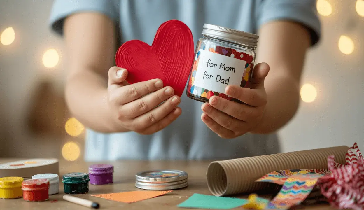 Dzień Matki: własnoręczny prezent dla mamy od dziecka. Słoik z sercem i napisem "for Mom for Dad" to dowód miłości.