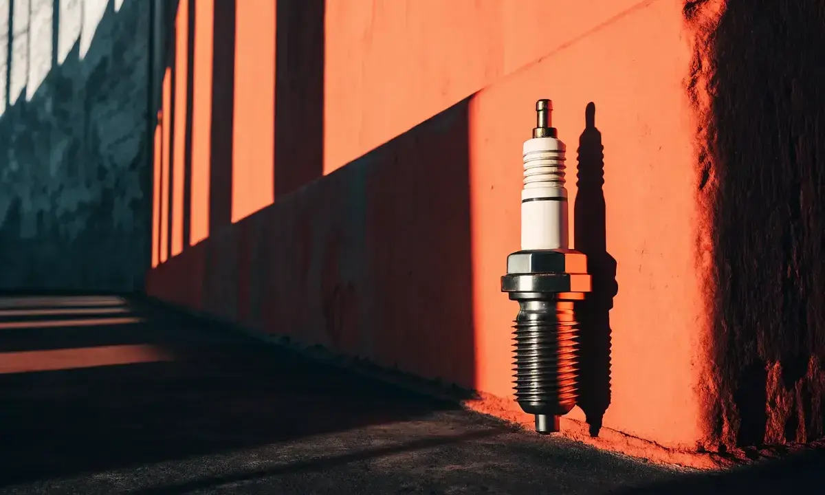 Une bougie d'allumage, comme une poire d'amorçage reste enfoncée, se dresse sur un mur orangé, projetant une ombre nette sous la lumière du soleil.
