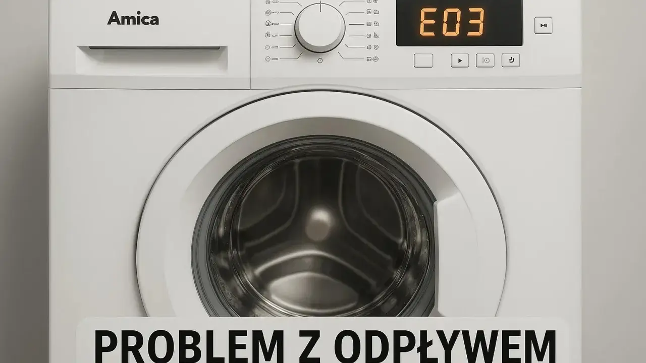 Pralka Amica z wyświetlonym błędem E03, wskazującym na problem z odpływem.