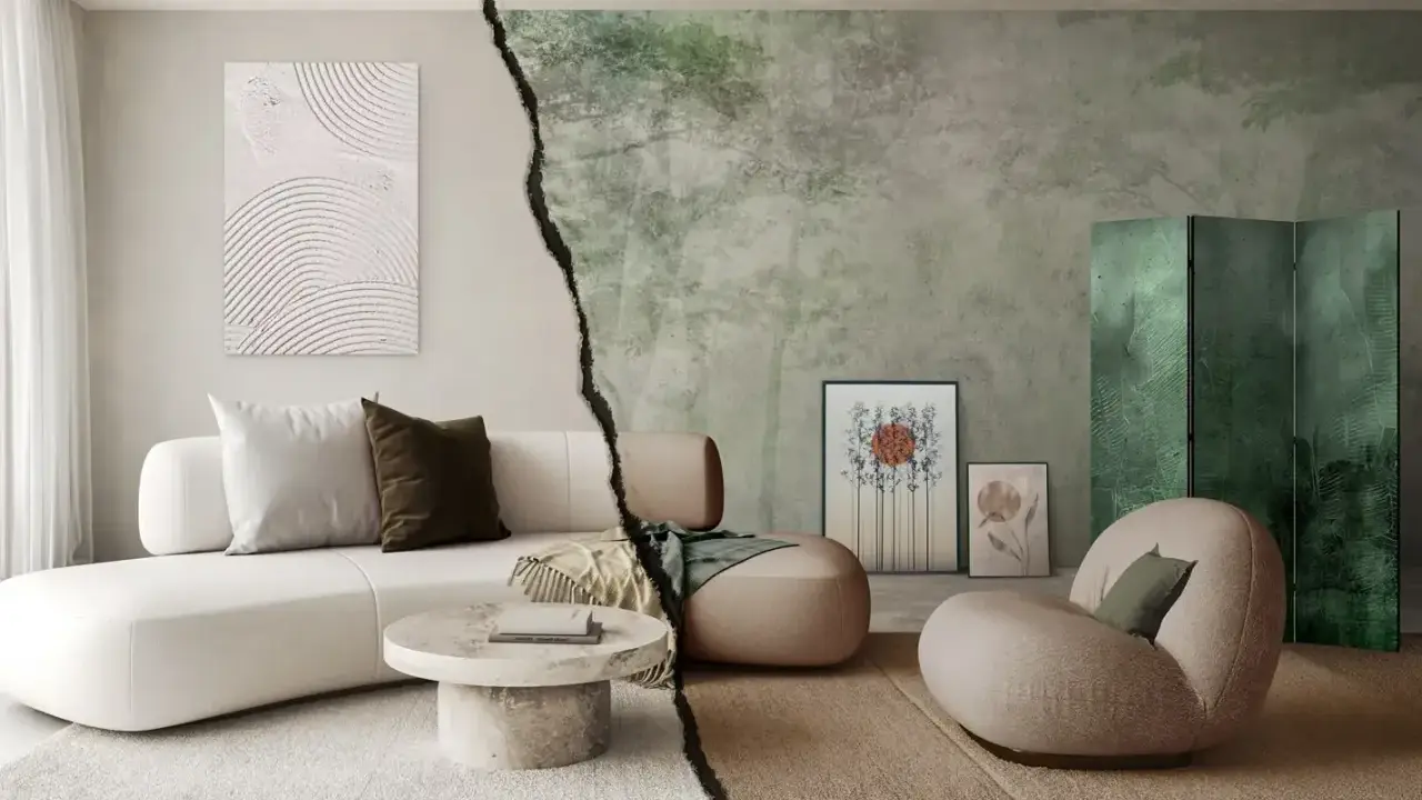 Modernt vardagsrum med en vit soffa och ett runt soffbord, kontrasterat av en vägg med skogstryck och en grön vikskärm. En hyllning till svenska designklassiker.