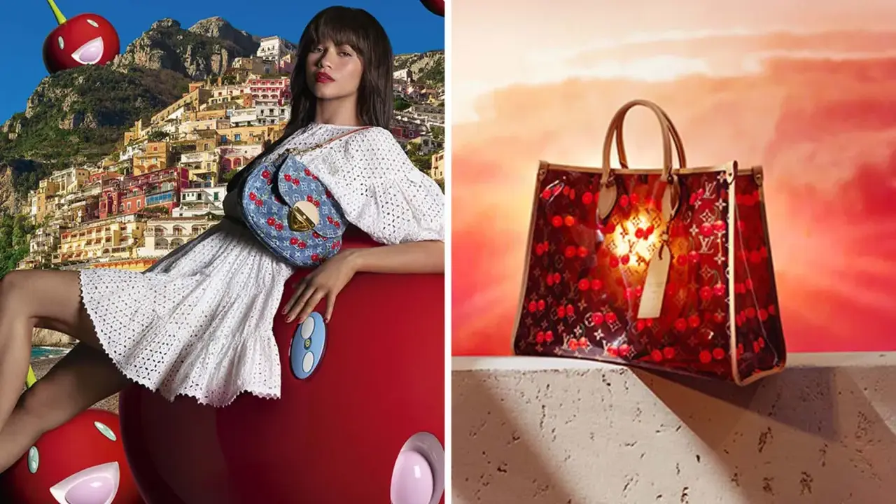 Zendaya poses with a Louis Vuitton cherry-themed bag, while another Louis Vuitton bag with the same motif glows against a sunset.