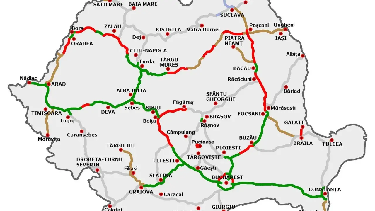 Mapa Rumunii z zaznaczonymi drogami. Czerwone odcinki mogą oznaczać problemy, np. karę za brak winiety.