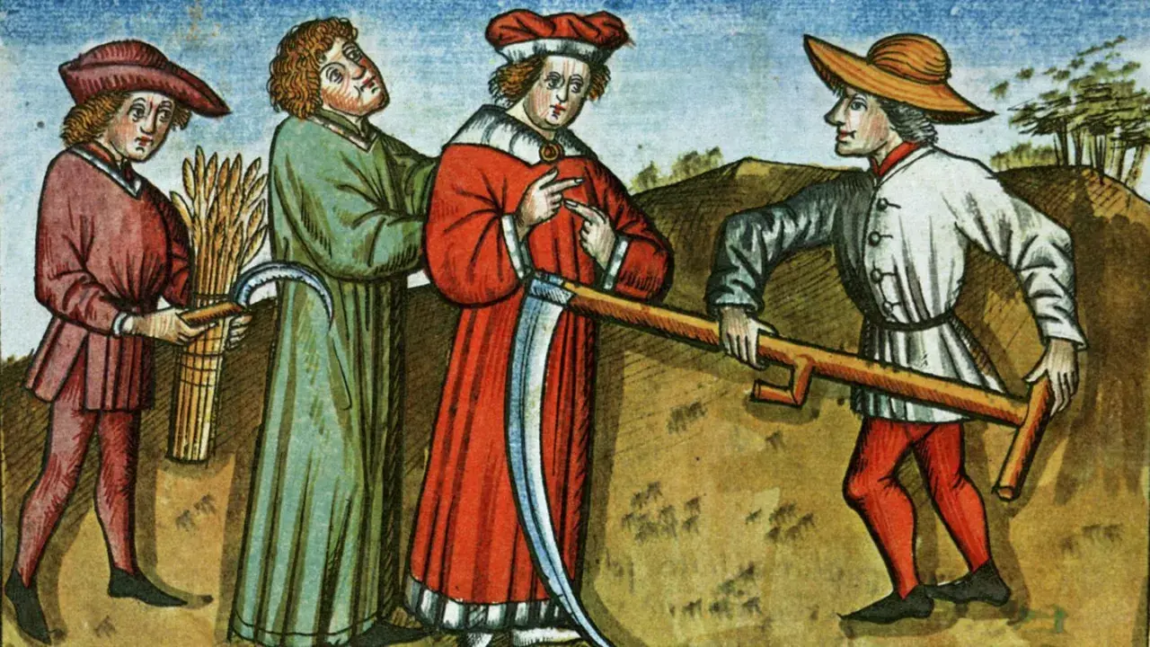 Mittelalterliche Berufe: Bauern bei der Ernte mit Sicheln und einem Mann, der mit einem Werkzeug den Boden bearbeitet.
