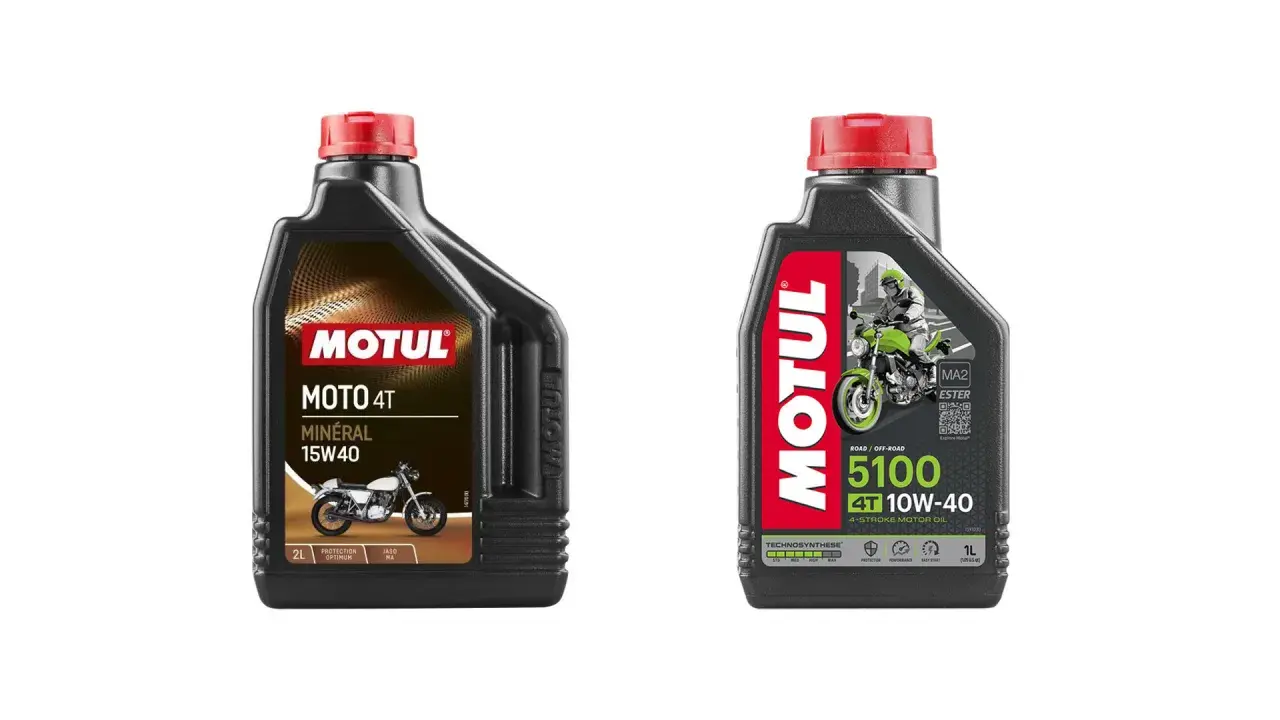 Huiles Motul : 15W40 minérale vs 10W-40 Technosynthese. La différence entre 10w40 et 15w40 est visible sur ces deux bidons.