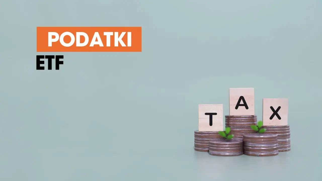 Jak obliczyć podatek dochodowy od ETF? Na grafice napisy "PODATKI ETF" i "TAX" na monetach.