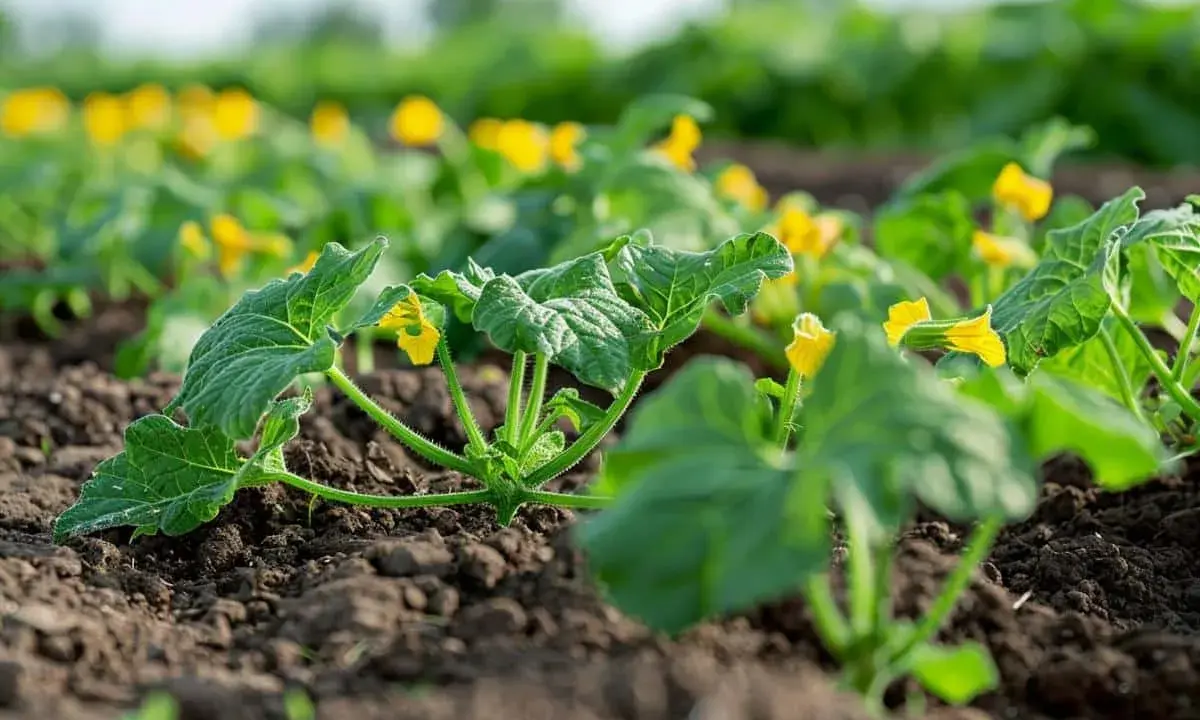 Jeunes plants de courgettes en pleine terre, avec leurs premières fleurs jaunes épanouies. La plantation courgette promet une belle récolte.