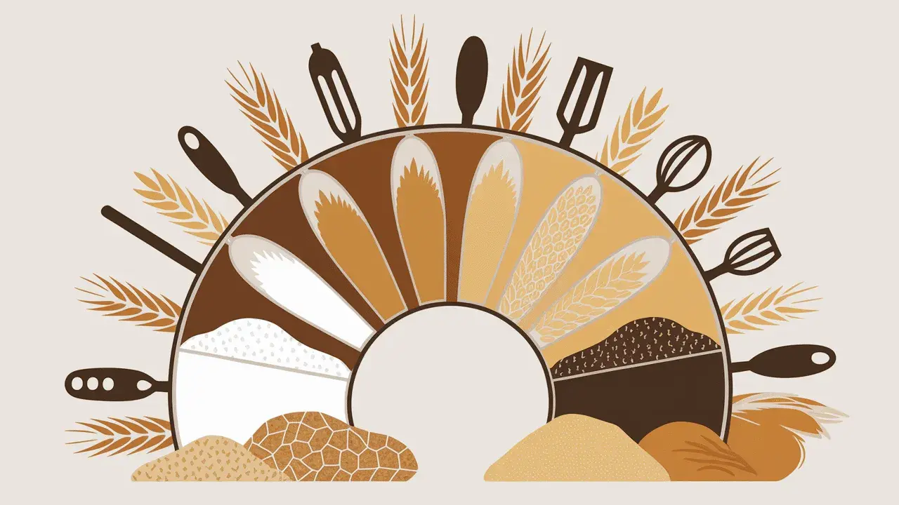 Illustration d'une roue de la vie culinaire, montrant différentes variétés de farine de froment, dont la farine de froment gluten, et des ustensiles de cuisine.