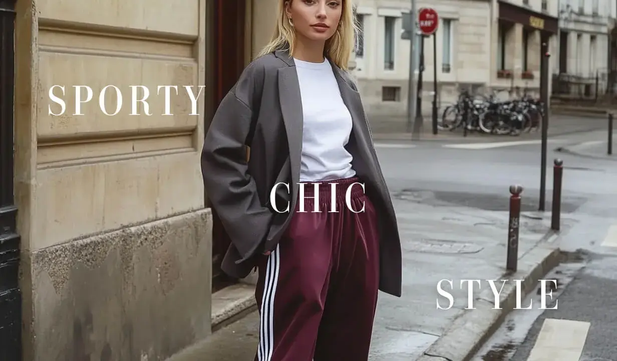 Modella con blazer oversize e pantaloni sportivi bordeaux, un perfetto esempio di stile sportivo chic in città.