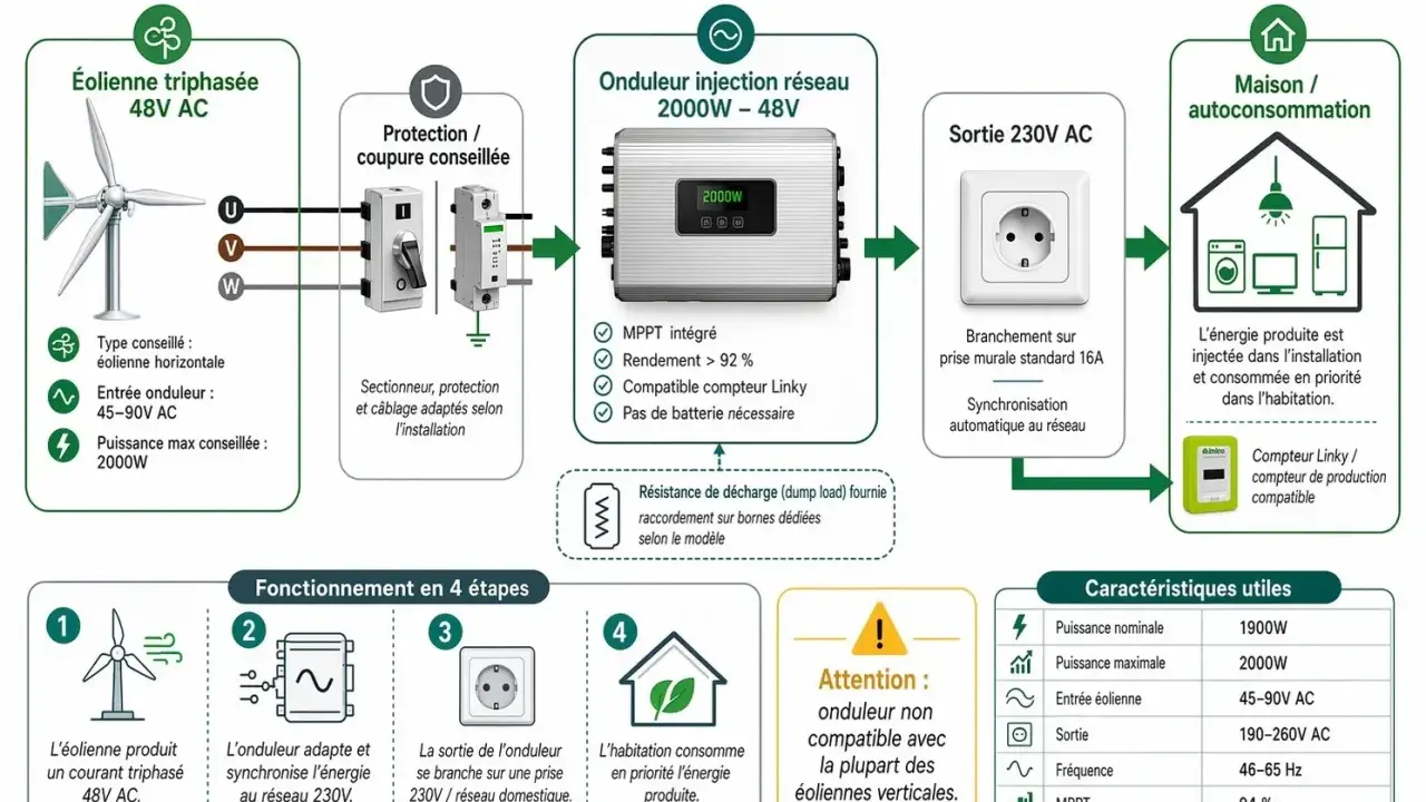 Schéma de branchement d'une éolienne domestique 48V AC vers un onduleur 2000W, puis vers le réseau 230V pour l'autoconsommation.
