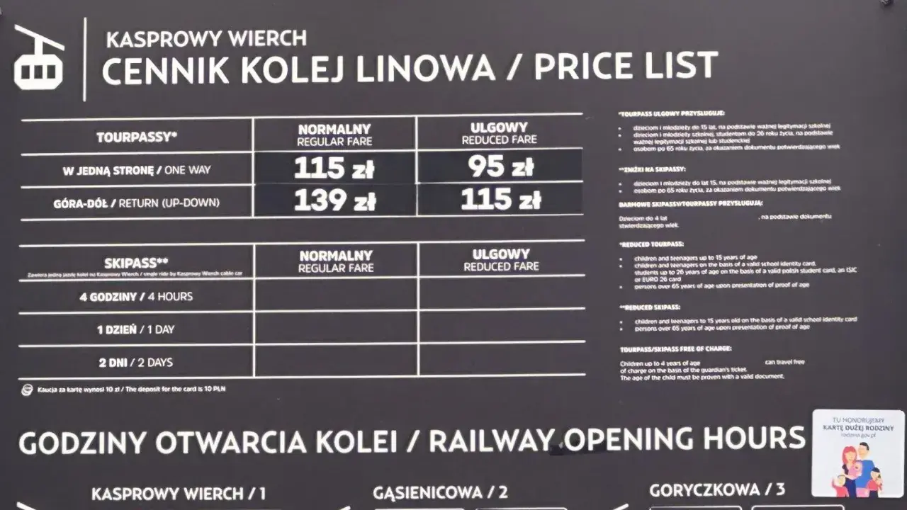 Kasprowy Wierch cennik kolejki linowej: ceny biletów normalnych i ulgowych, Skipass, godziny otwarcia.