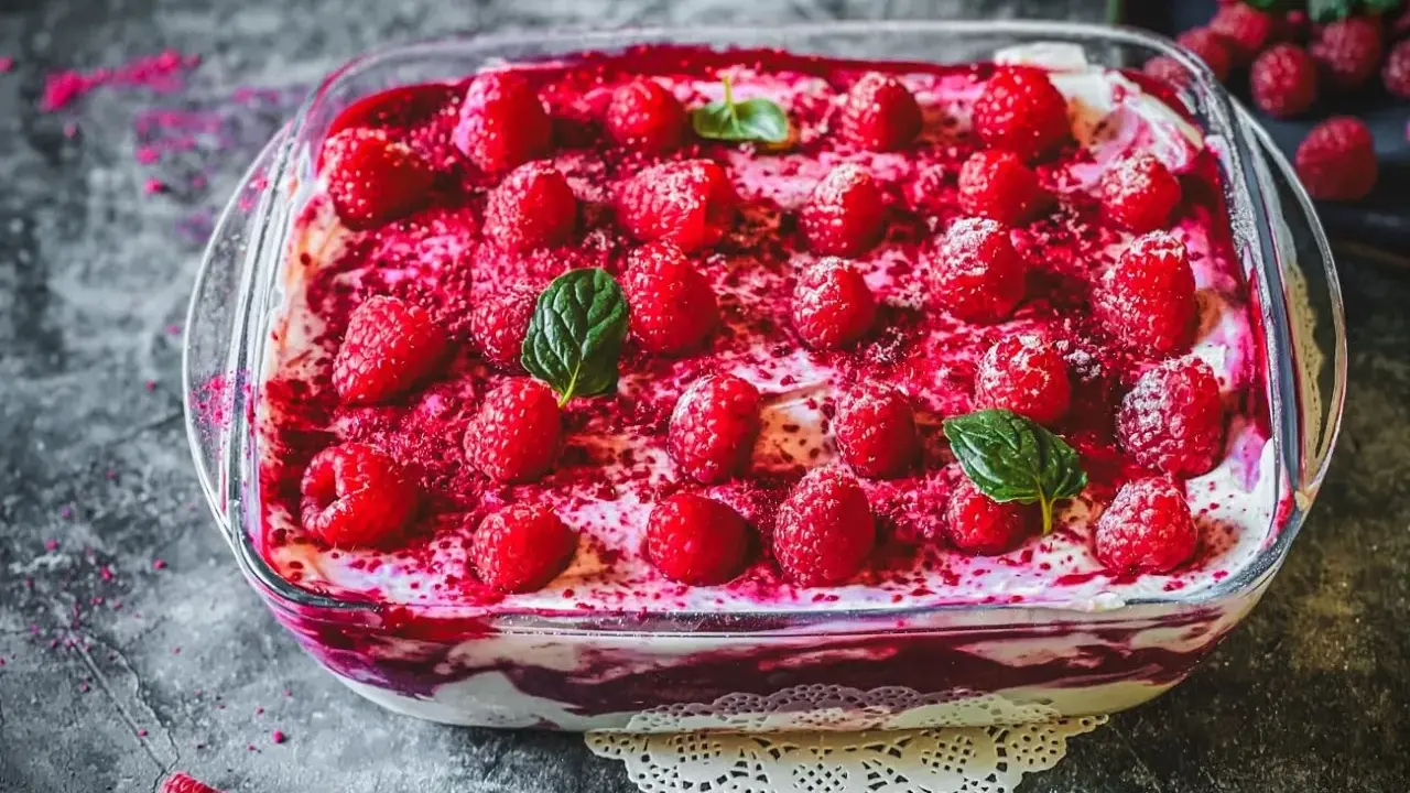 Ein köstliches Tiramisu mit frischen Himbeeren und Minze, das zeigt, wie man Tiramisu dekorativ anrichten kann.