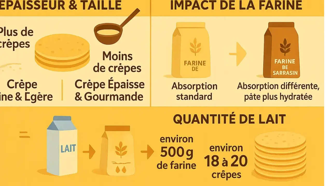 Infographie expliquant quelle farine pour les crêpes. Elle montre l'impact de la farine sur la texture et la quantité de lait nécessaire.