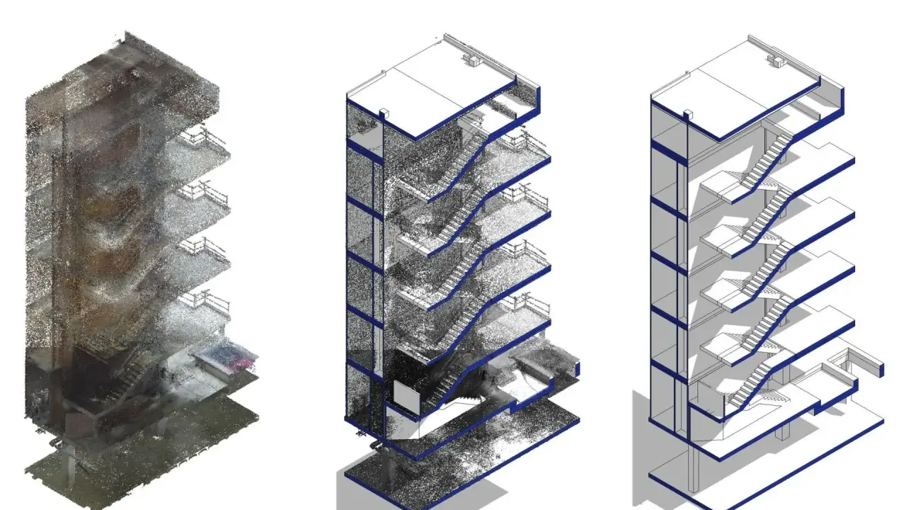 Tres vistas isométricas de un edificio: escaneo 3D detallado, corte con puntos de escaneo y corte simplificado. Útil para planos as-built normativa.