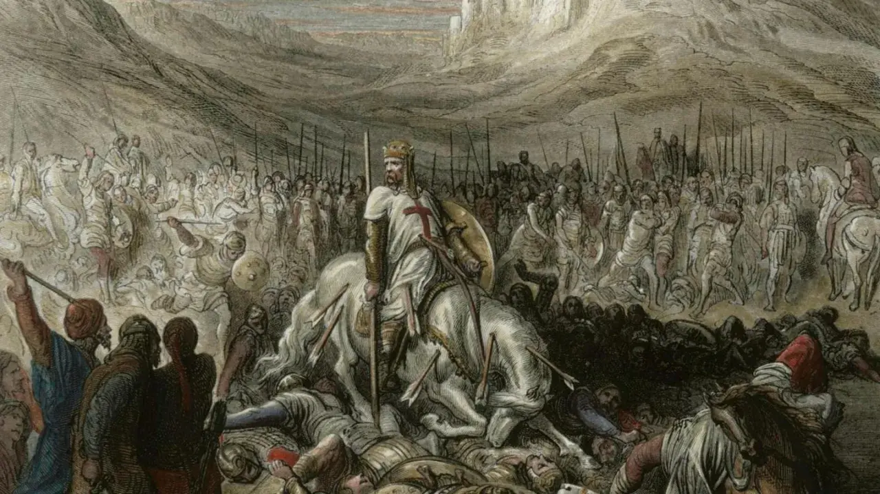Ein Ritter auf einem weißen Pferd, umgeben von Pfeilen und gefallenen Kriegern. Seine Rüstung ist schlicht, was die spartanische Bedeutung von Einfachheit und Härte unterstreicht.