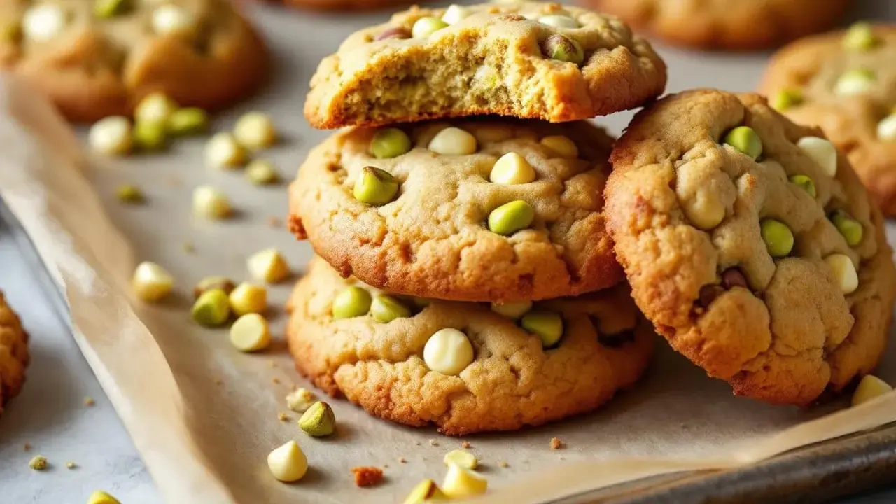 Pile de cookies pistache chocolat blanc, parsemés sur du papier cuisson. Un délice croustillant et gourmand.