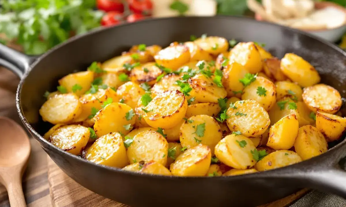 Poêlée de pommes de terre sautées, dorées et parsemées de persil frais, dans une poêle en fonte. Un délice simple et savoureux.