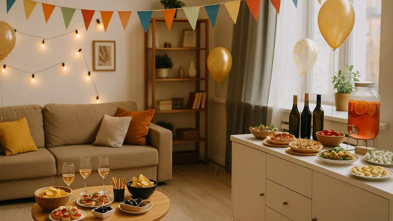 Décoration festive pour une pendaison de crémaillère : guirlandes, ballons, buffet garni. L'origine de cette tradition est de célébrer un nouveau foyer.