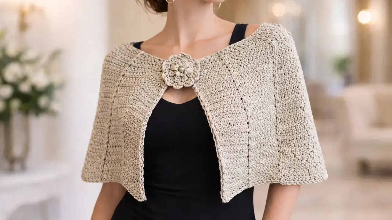Mujer con un elegante **patrón capa** de ganchillo color beige, adornada con un broche floral.