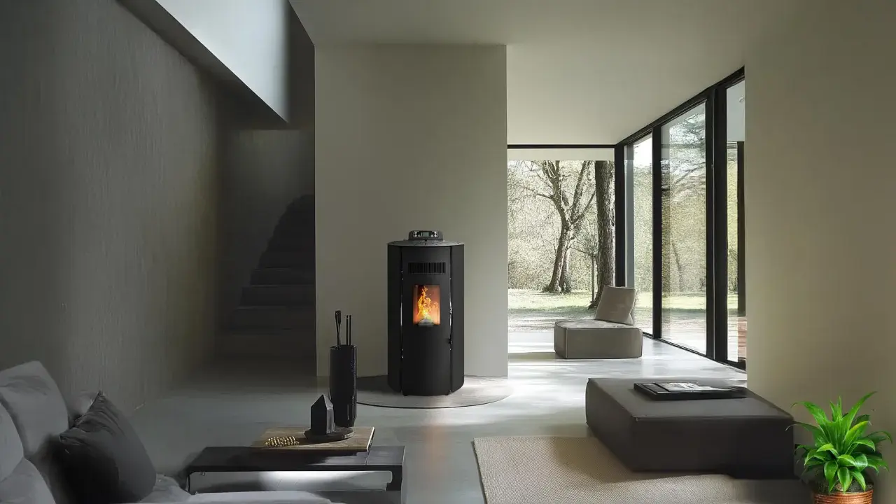 Poêle à pellet moderne dans un salon épuré. La question "peut-on laisser un poêle à pellet la nuit" est pertinente pour ce type de chauffage.