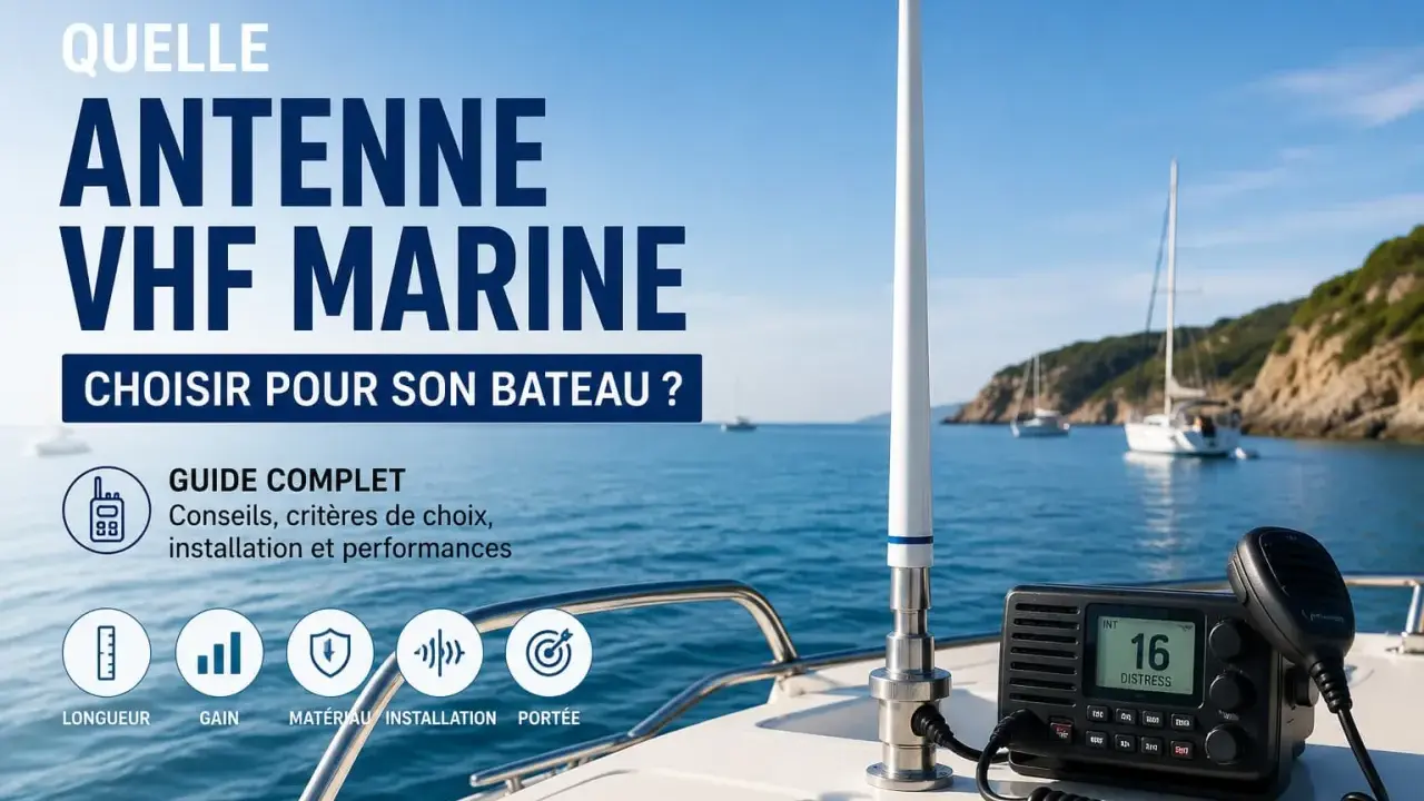 Guide complet pour choisir la meilleure antenne VHF marine pour votre bateau. Antenne, radio et icônes de conseils sur fond de mer bleue.