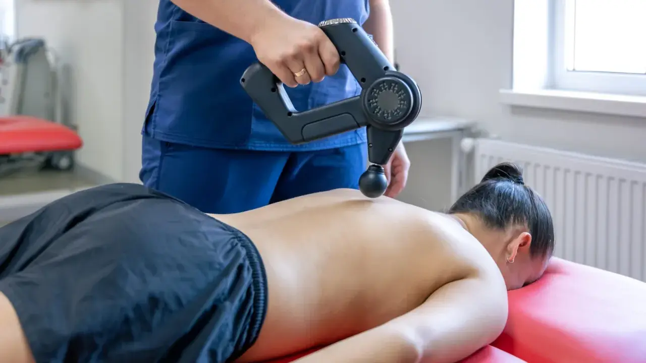 Fizjoterapeuta wykonuje masaż wibracyjny pleców. Choć zazwyczaj przynosi ulgę, warto pamiętać o potencjalnych skutkach ubocznych masażu wibracyjnego.