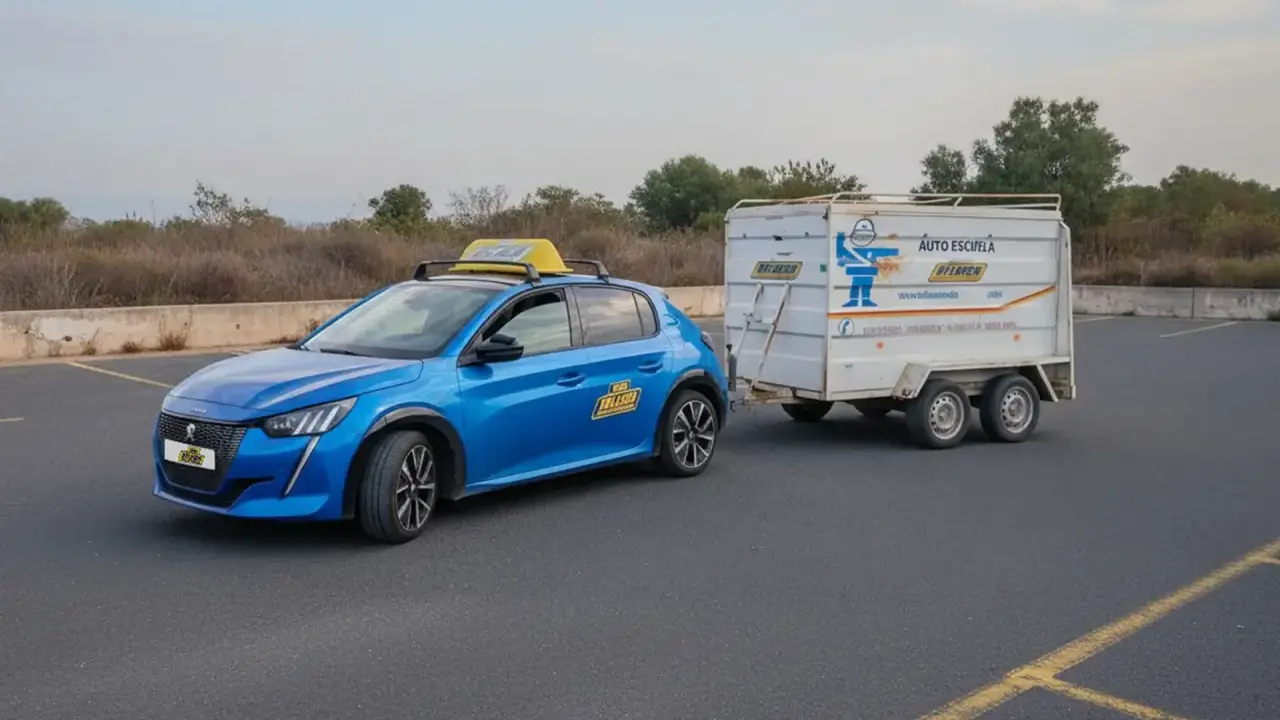 Coche azul de autoescuela con remolque, preparándose para el examen del carnet B96.