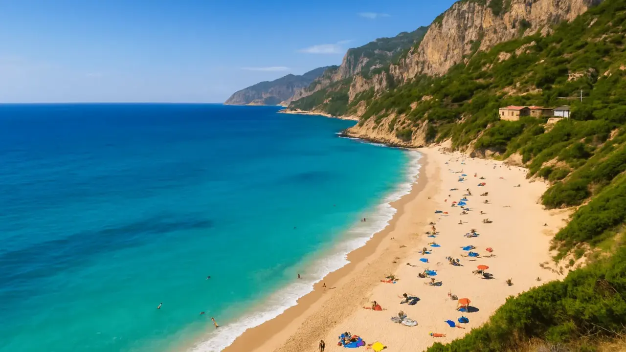 Złocista plaża z turkusową wodą, otoczona stromymi, zielonymi klifami. To jedna z najpiękniejszych plaż w Europie, idealna na relaks.