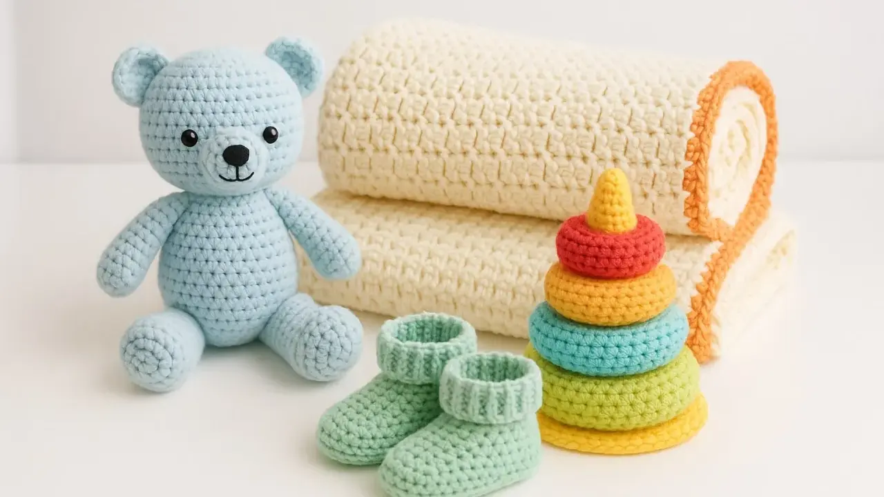 Osito azul de crochet, mantita, patucos y torre de aros de colores. Un set perfecto de crochet bebe.