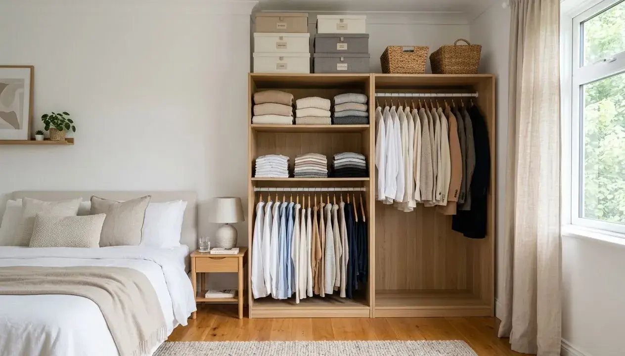 Chambre épurée avec lit douillet et dressing organisé. La **taille chambre** est optimisée par des rangements astucieux.