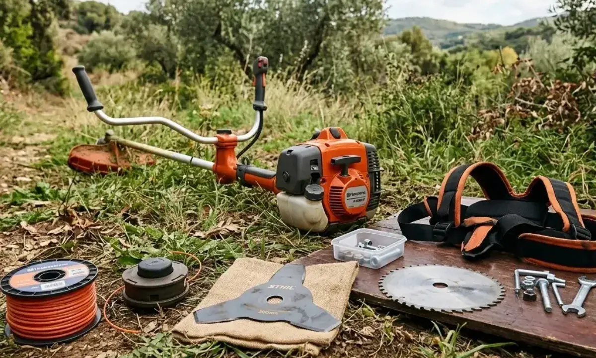 Desbrozadora con varios tipos de discos para maleza, hilo y arnés. Herramientas para el jardín.