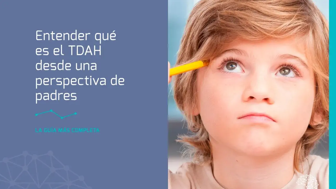 Un niño mira hacia arriba pensativo, con un lápiz cerca de su frente. El texto indica "Entender qué es el TDAH desde una perspectiva de padres", sugiriendo cómo diagnosticar TDAH.