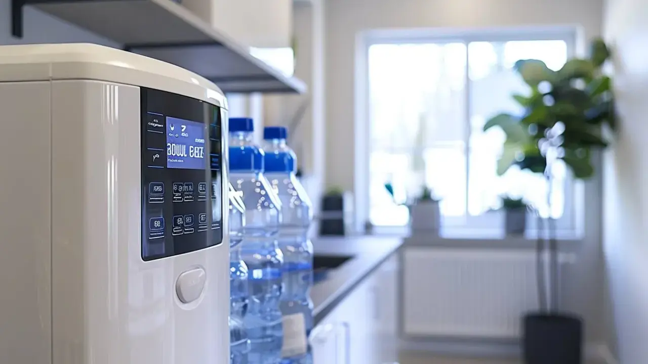 Écran d'un adoucisseur d'eau moderne, prêt pour le dimensionnement. Bouteilles d'eau en arrière-plan.
