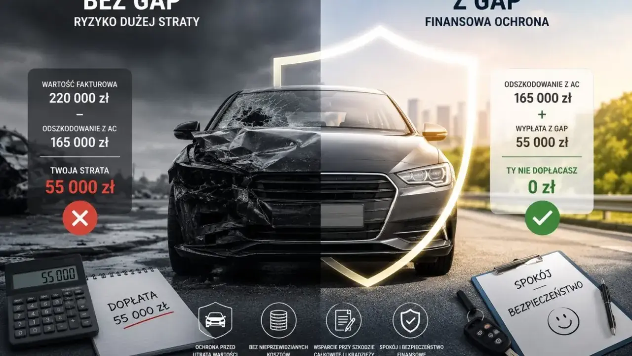 Porównanie ubezpieczenia bez GAP i z GAP. Bez GAP to ryzyko straty 55 000 zł, z GAP to dopłata 0 zł.